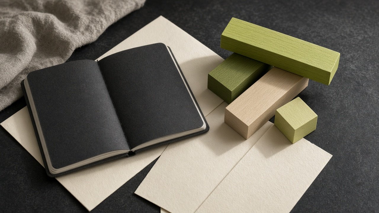 A notebook beside blocks arranged like a chart