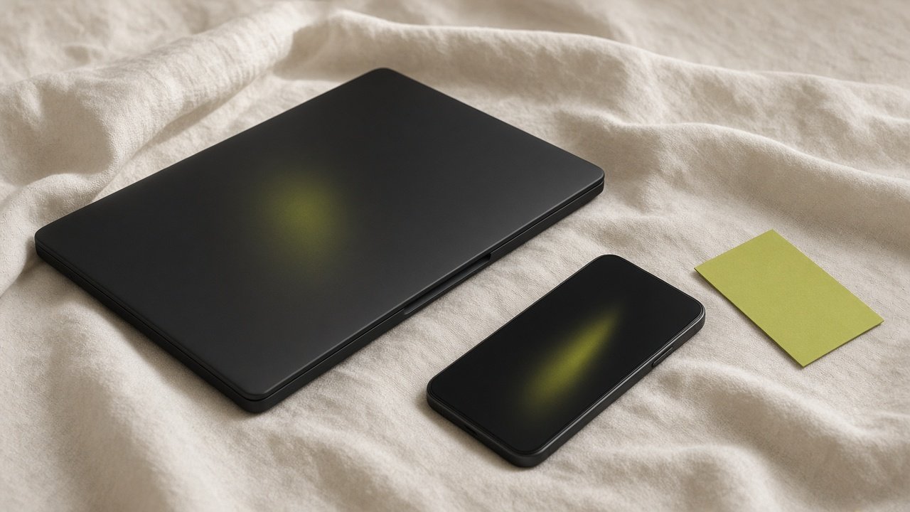 A laptop and phone on a linen desk